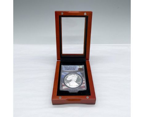Slabbed and Graded PR70 DCAM, First Day of Issue. Certified number 594 of 3196. The obverse side depicts Liberty in full stri