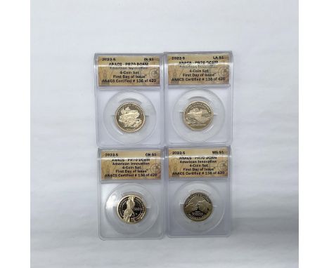 All ANACS Slabbed and Graded PR70 DCAM First Day Issue Indian, Louisiana, Ohio and Mississippi. Certified number 136 of 420. 