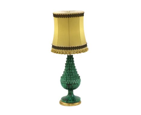 A 20th Century green pottery table lamp, of vase form, the body comprised of stiff leaf decoration, 70cm high to bulb socketC