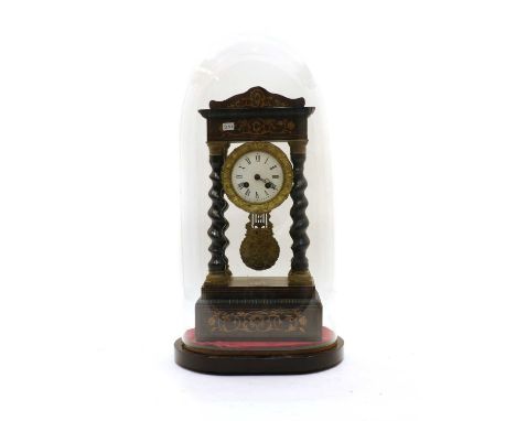 An ebonised and walnut inlaid portico clock, with an enamelled dial with Roman numerals, 44cm high, on a plinth and under a g