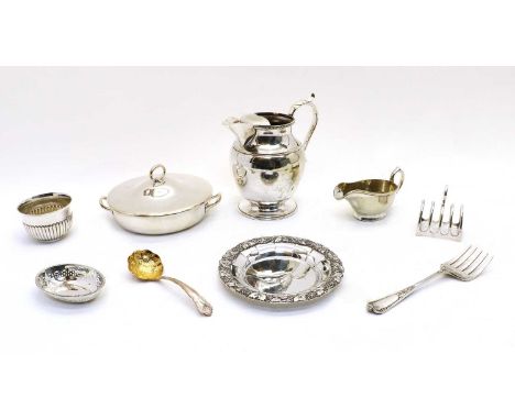 A collection of silver and plated items, comprising Tiffany and Co silver serving spoon and fork in the Queen's pattern, mark