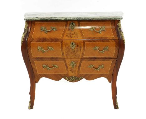 A louis-XV style marble topped kingwood and gilt mounted bombe commode, 89cm wide, 45cm deep, 79cm highCondition report: keys