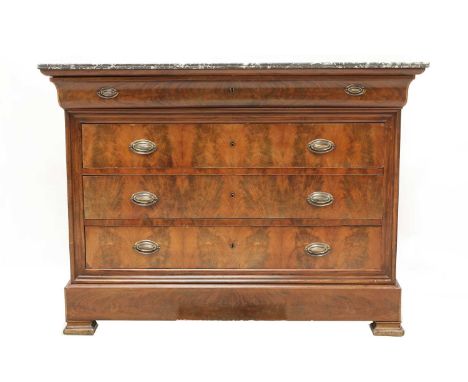 A French Louis Philippe flame mahogany commode, the grey veined marble top above a moulded drawer and three further long draw