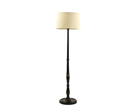 A lacquered chinoiserie standard lamp, early-mid 20th century, the turned tapering column and spreading circular base with gi