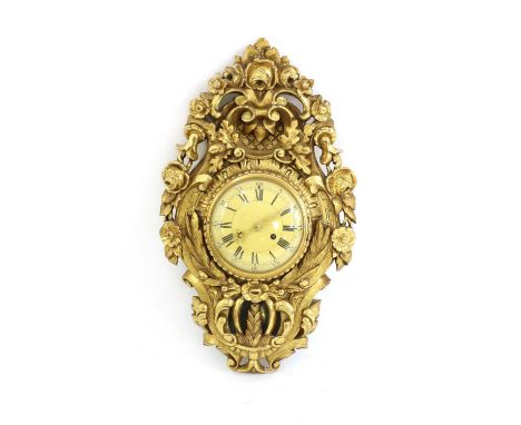 A Swedish carved wood and gilt cartel wall clock, with a pierced floralwork frame,Condition report: chips and losses, no pend