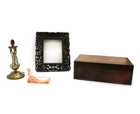 A Victorian rosewood writing box, with inlaid brass cartouche, 41cm wide, 24.5cm deep, 14cm high, a carved Chinese hardwood f