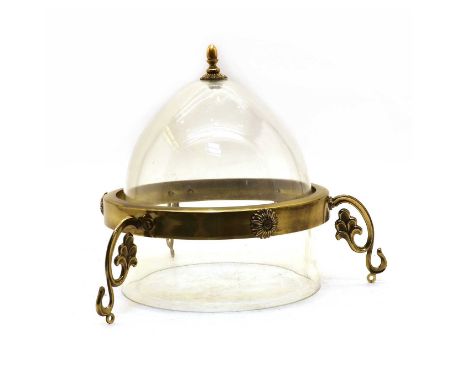 A Regency-style glass and brass ceiling lantern, of recent manufacture, the strap set with three scrolling arms punctuated by