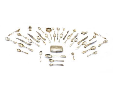 Mixed silver items: including a Russian silver spoon, stamped '84', a spoon and fork stamped '95'- tea and coffee spoons, six