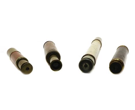 Four telescopes, a three-draw telescope by Hughes, London, with a mahogany sleeve, 56cm long max, 18.5cm long min, a two-draw