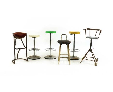 Six various bar stools, 20th century and later, to include two industrial examples, the adjustable stool 92cm at full height,