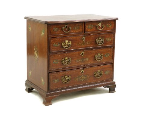 A Sheraton Revival mahogany chest of drawers, late 19th century, with two short drawers over three long drawers, decorated wi