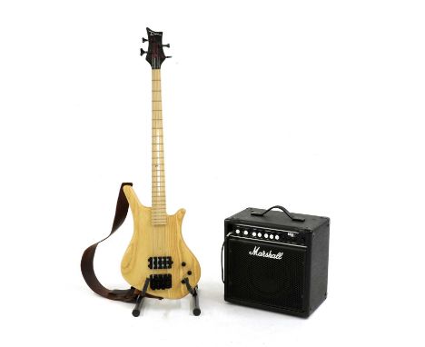 A Dean Cirrus 4 BXP electric bass guitar, in a natural wood finish with active electronics, together with a Marshall MB Serie