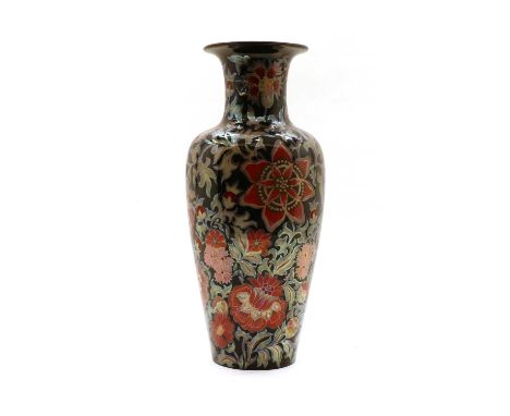 A Zsolnay lustre vase, of shouldered form with flared rim, decorated with scrolling floral designs, printed mark to base, 'Un
