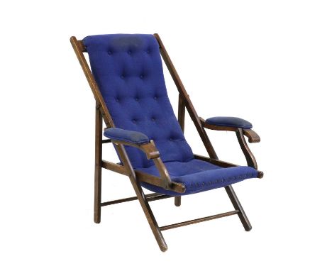 A Victorian campaign smoking chair, with blue button upholstered seat, 70cm wide, 98cm high approximatelyCondition report: Kn