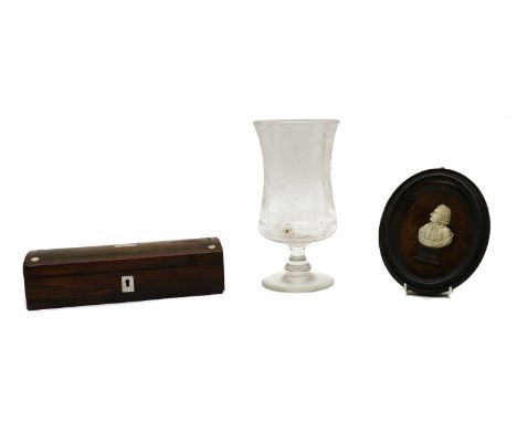 A late 19th century Dieppe style portrait bust of a dignitory, 8.5cm high, framed and glazed, together with a rosewood pen bo
