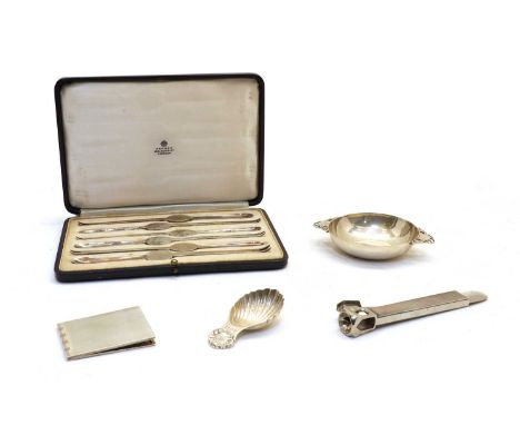 Five silver items, comprising: a cased set of six lobster picks by Asprey &amp; Co., a compact (?), by Asprey &amp; Co. Londo