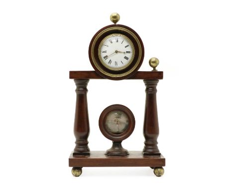 A mahogany portico clock, 19th century, the enamel dial supporting a watch movement signed William Plumley, London, over a fr