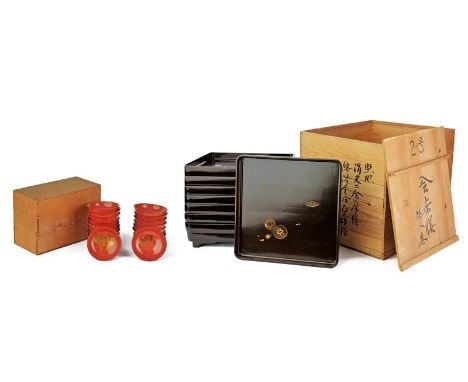 dating: Period (1603-1867) provenance: Japan, The wooden trays are square with round corners and four small feet. Lacquered b