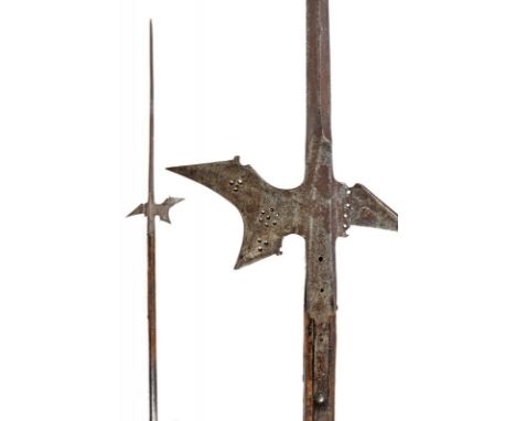 dating: last quarter of the 16th Century provenance: Germany, Spearhead with long, strong, square cusp. Strongly hollow axe w