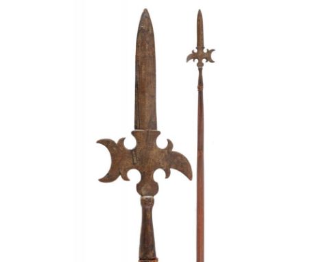 dating: 17th/18th Century provenance: Italy, Spearhead with cusp-blade, axe and rear fluke with broad beak-like humps, ferrul