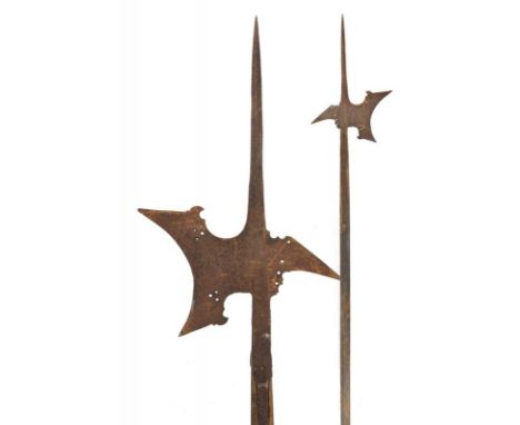 dating: circa 1600 provenance: Germany, Spearhead with short, squared cusp, hollow axe with beak-shaped lugs and open-works, 