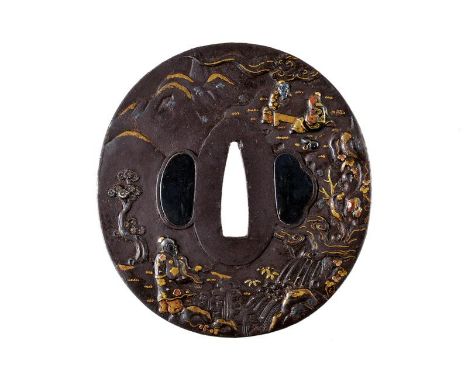 dating: Period (1603-1867) provenance: Japan, Made of tate-maru-gata iron, niko-bori in gold, copper, shakudo and silver, mar