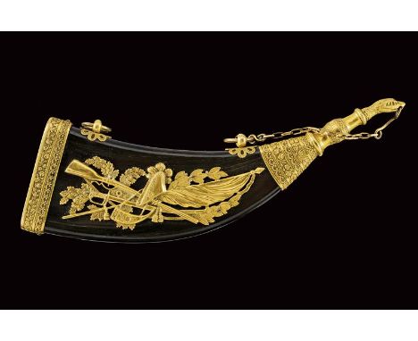 dating: 19th Century provenance: Austria, With curved, flat body, made of pressed cow horn. High-quality, gilded, brass mount