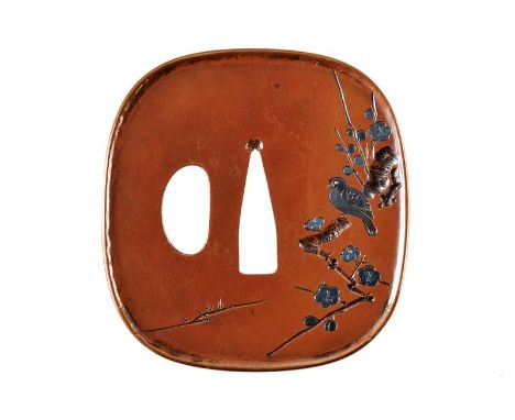 dating: Period (1603-1867) provenance: Japan, In suaka nade-kaku-gata, with beautiful, silver hira-zogan depiction and shishi