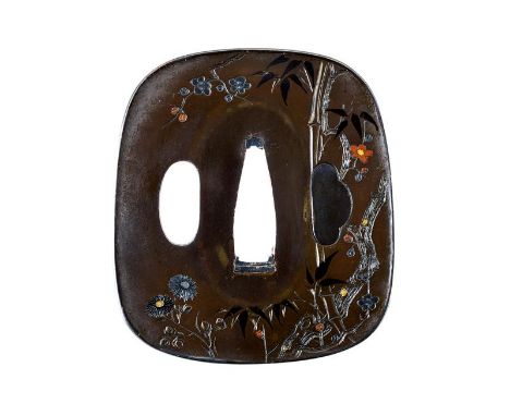dating: Period (1603-1867) provenance: Japan, Made of shibuichi, of trapezoidal shape with rounded corners (aori-gata), smoot