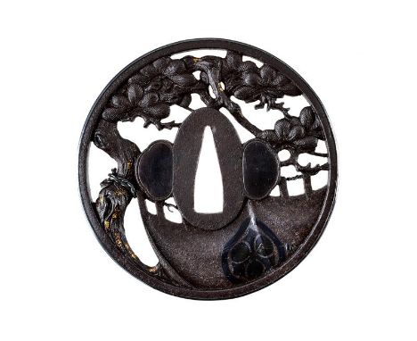 dating: Period (1603-1867) provenance: Japan, Made of iron, maru-gata, yo-sukashi, with square mimi covered with a shakudo fu
