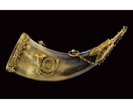 dating: 19th Century provenance: Austria, Curved body, made of pressed cow horn, with flat faces. Gilded, brass mounts. Cylin