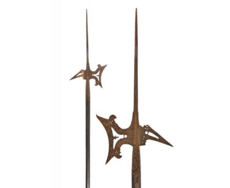 dating: circa 1600 provenance: North Italy, Spearhead with square cusp. Hollow, pierced axe provided with beak-shaped lugs (t