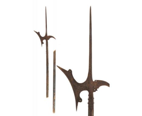 dating: circa 1600 provenance: Northern Italy, Spearhead with square cusp, thin and hollow axe, provided with humps and holes