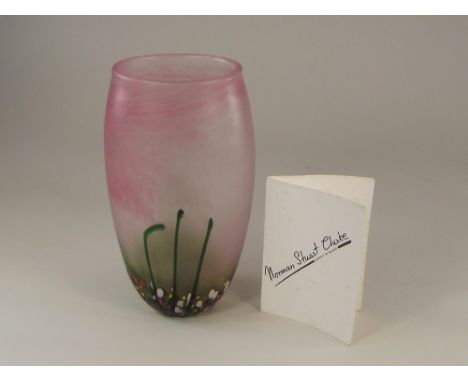 NORMAN STUART CLARKE. Coloured studio glass vase with original artist's leaflet. Height 18cm.