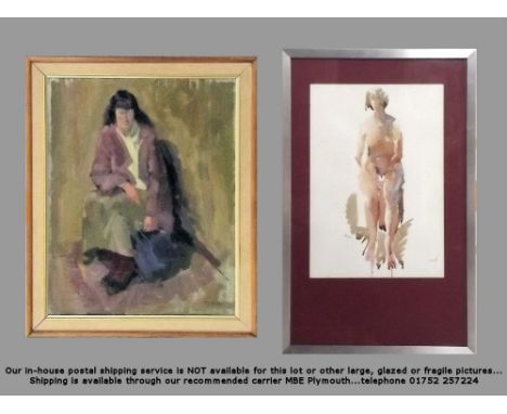 WILLIAM TUDOR. Two works: 'Carol', a watercolour sketch signed, 42 x 29cm &amp; 'Waiting I'. Oil on board. Signed. 44 x 34cm.