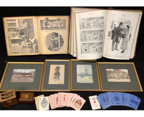 Boxes and Objects - a sketch of Sebastian Sales, Mansfield Town Crier; three AS Buxton prints of old Mansfield; a card box an
