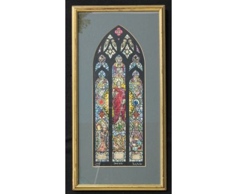 A stained glass window design, watercolour, inch scale, in the manner of Frederick W. Cole MA, RF, FMGP, 42cm x 15cm 