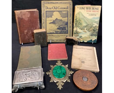 A 19th century brass and malachite cartouche; a Chinese pewter ink well; a Chinese compass; books - The Long way Home, Tang S