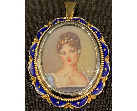 An Italian 18ct gold oval portrait brooch, painted with a beauty, the mount applied with blue enamel, marked 750, steel pin, 