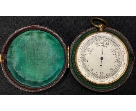 A 19th century gilt brass aneroid pocket barometer, 7cm over loop, morocco case, c.1870 