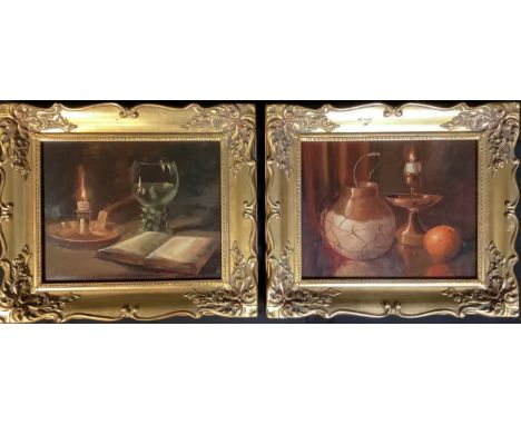 Pictures - a pair, 18th century style , still life's,  chamber stick, glass and book, oil on board, signed J Hovennar, 19.5 c