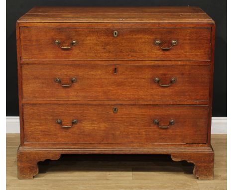 A George III oak 'caddy top' chest, rectangular top with moulded edge above three long graduated cockbeaded drawers, brass sw