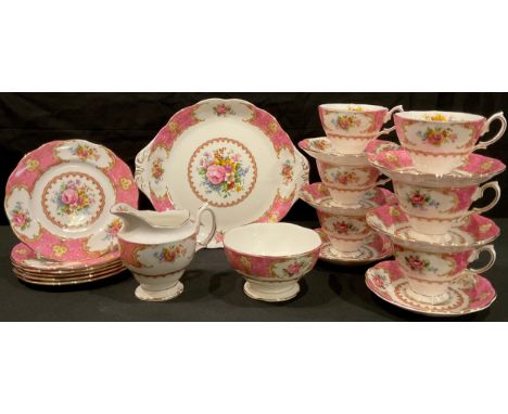 A Royal Albert Lady Carlyle pattern tea service for six comprising cake plate, side plates, sugar bowl, cream jug, cups and s