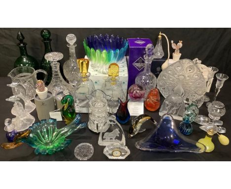 An Edinburgh Crystal cut glass decanter and stopper, boxed; a Stuart Crystal cut glass scent atomiser, boxed; a Swarovski cry