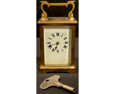 A French lacquered brass five glass carriage clock, white enamel dial with Roman numerals, swing handle, 12cm, with key 