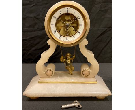 A late 19th century French alabaster mantel clock, white enamel chapter ring with Roman numerals, the pendulum as a gilt putt