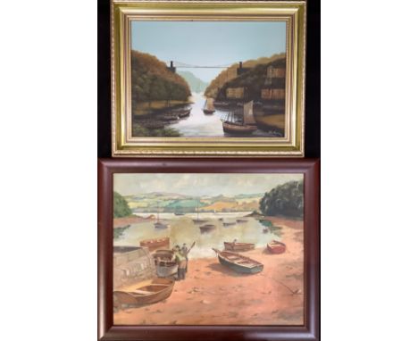 E. Desborough  Estuary with fishing boatssigned, oil on board, 39cm x 49cm; R King, Suspension Bridge and Shipping, signed, o