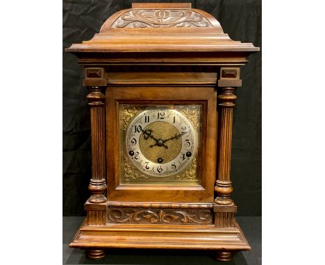 A late 19th century oak bracket clock of architectural form with Wurttemberg movement 