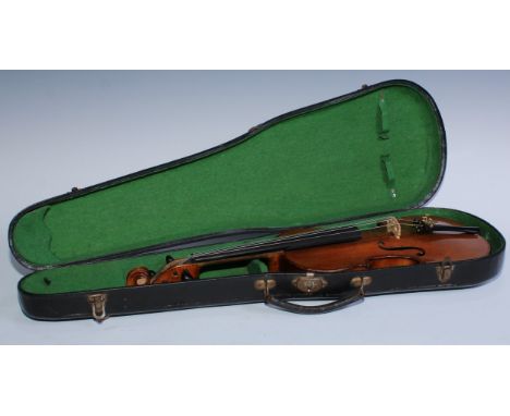 A violin, the two-piece back 35.5cm long excluding button, outlined with purfling, 60cm long overall, cased 