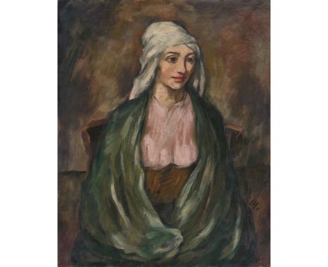 Karl Hofer (Karlsruhe 1878 – 1955 Berlin). „Frau mit Kopftuch, Italienerin“. Um 1909Öl auf Leinwand.  91,5&nbsp;×&nbsp;73,5&n
